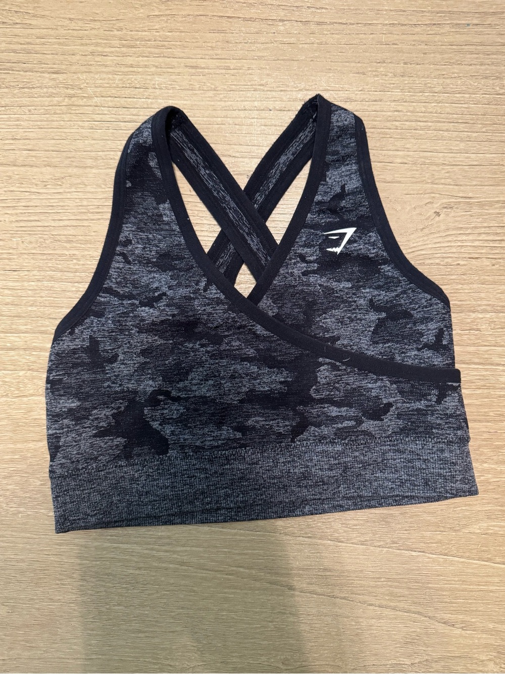 Gymshark Black & Gray Camo Cross-Back Sports Bra